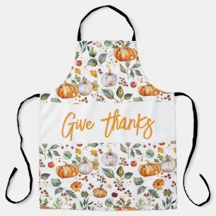 GIVE THANKS Autumn Fall Pumpkins & Leaves Holiday Apron