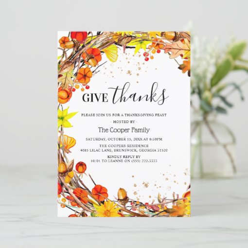 'Give Thanks' Autumn Fall Thanksgiving Dinner Invitation | Zazzle