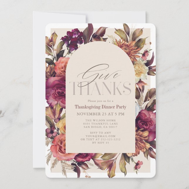 Give Thanks Autumn Floral Arch Thanksgiving Invitation (Front)