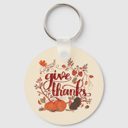 Give Thanks Autumn Harvest Turkey Thanksgiving  Keychain