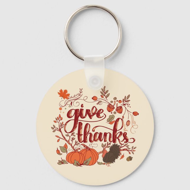 Give Thanks Autumn Harvest, Turkey Thanksgiving  Keychain (Front)