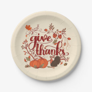 Give Thanks Autumn Harvest, Turkey Thanksgiving Paper Plates