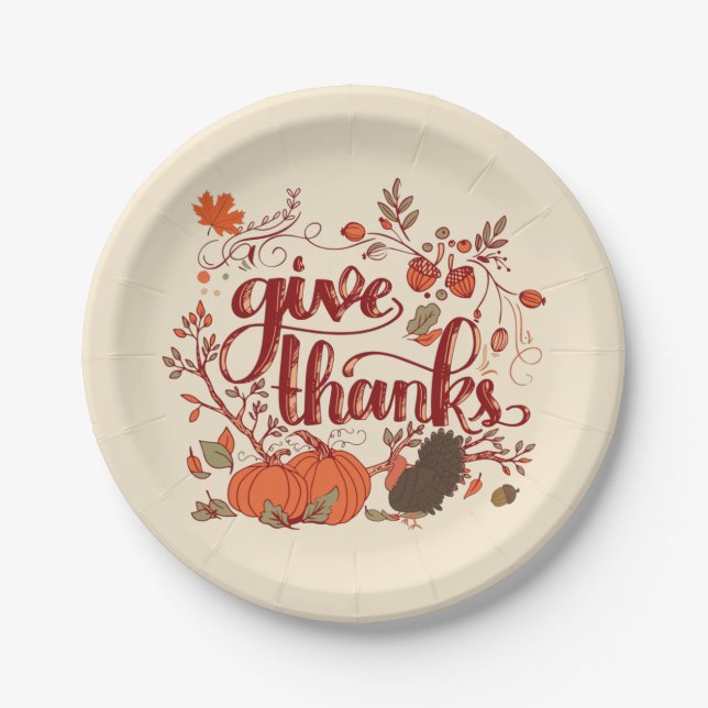 Give Thanks Autumn Harvest, Turkey Thanksgiving   Paper Plates (Front)