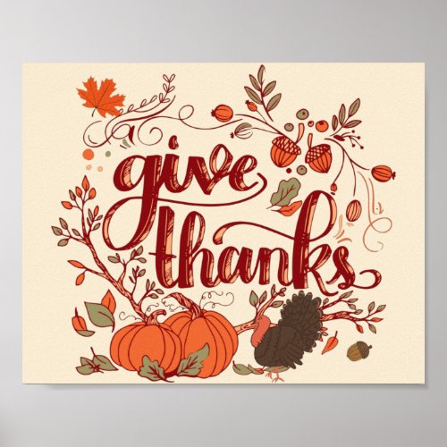 Give Thanks Autumn Harvest Turkey Thanksgiving  Poster