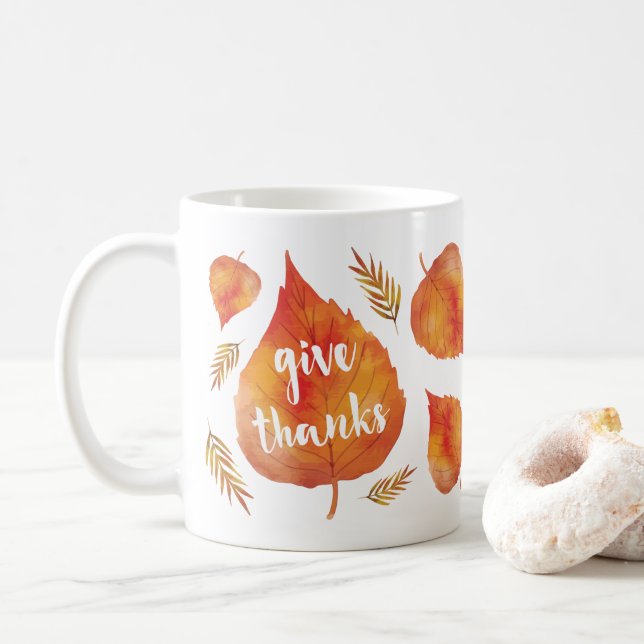 Give Thanks | Autumn Leaves Thanksgiving Coffee Mug (With Donut)