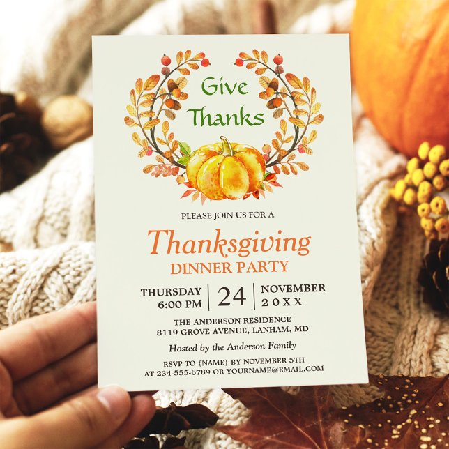 Give Thanks Autumn Pumpkin Thanksgiving Dinner Invitation (Creator Uploaded)