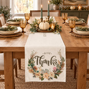Give Thanks Autumn Watercolor Boho Floral Wreath Short Table Runner