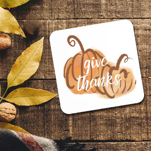 Give Thanks Autumn Watercolor Pumpkin Thanksgiving Beverage Coaster