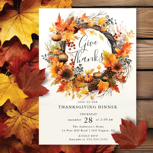 Give thanks Autumn Wreath Thanksgiving Invitation