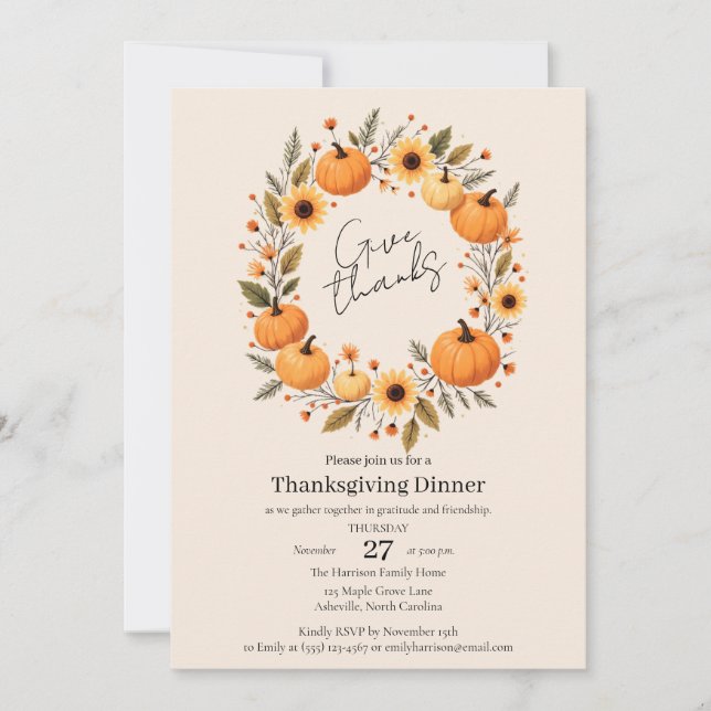 Give Thanks Autumn Wreath Thanksgiving Invitation (Front)