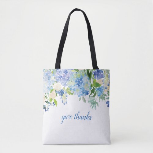 Give Thanks Bible Verse Elegant Blue Floral Tote Bag