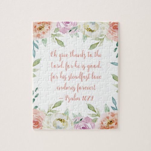 Give Thanks Bible Verse Girly Watercolor Floral Jigsaw Puzzle