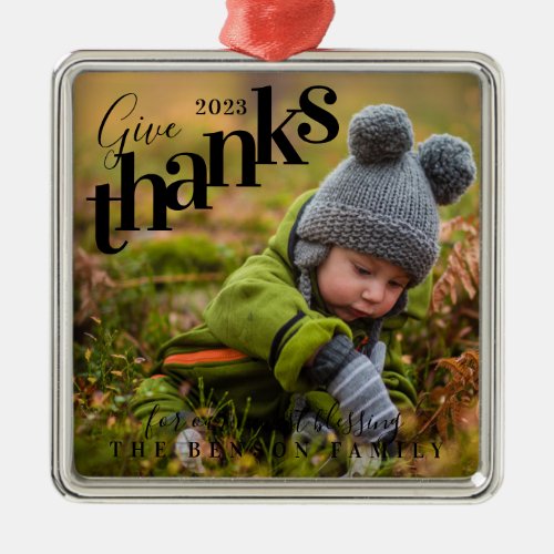 Give Thanks Blessings Baby Photo Black Metal Ornament