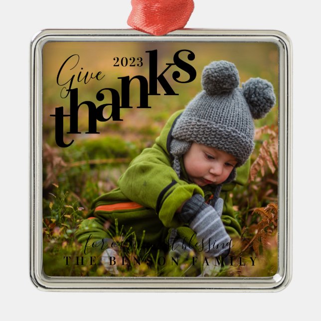 Give Thanks Blessings Baby Photo Black Metal Ornament (Front)