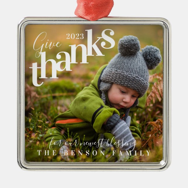 Give Thanks Blessings Baby Photo Gray Metal Ornament (Front)