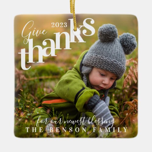 Give Thanks Blessings Baby Photo Gray Plaid Ceramic Ornament