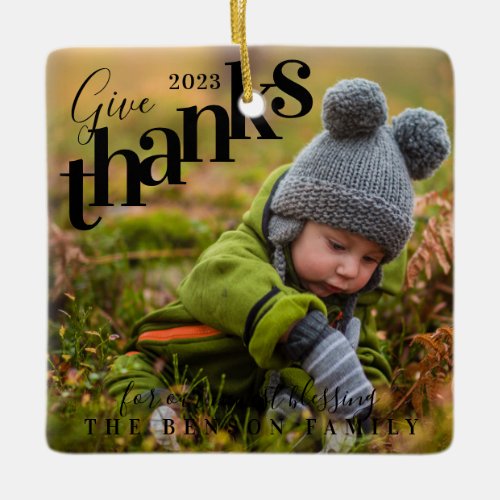 Give Thanks Blessings Baby Photo Plaid Back Black Ceramic Ornament