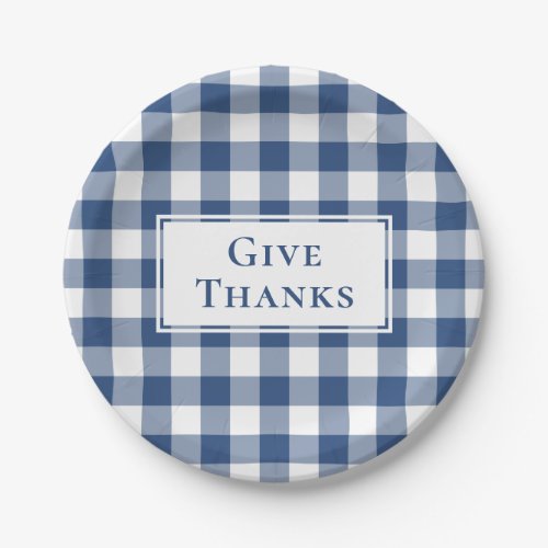 Give Thanks Blue White Gingham Plaid Thanksgiving Paper Plates