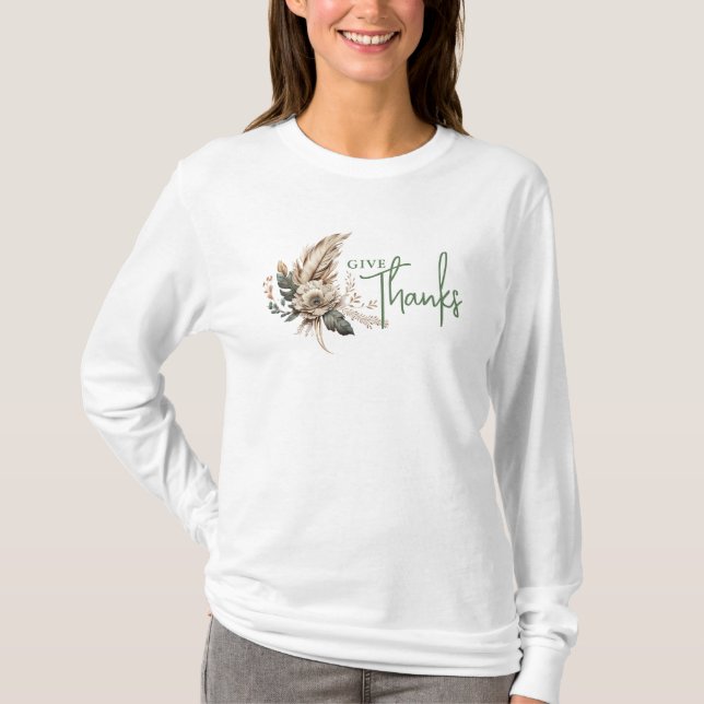 Give Thanks Boho Fall Floral Thanksgiving T-Shirt (Front)