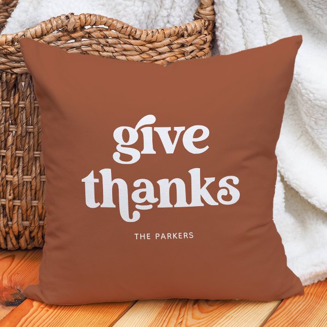 Give Thanks | Boho Retro Terracotta Throw Pillow (A retro and boho Thanksgiving pillow in terracotta and white)