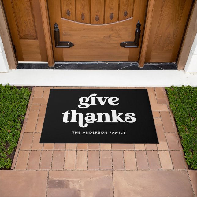 Give Thanks | Boho Retro Thanksgiving Black Doormat (Outdoor)