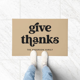 Give Thanks   Boho Retro Thanksgiving Tan Doormat