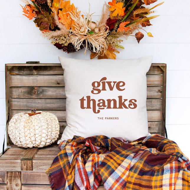 Give Thanks | Boho Retro White and Terracotta Throw Pillow (A retro and boho Thanksgiving pillow in terracotta and white)