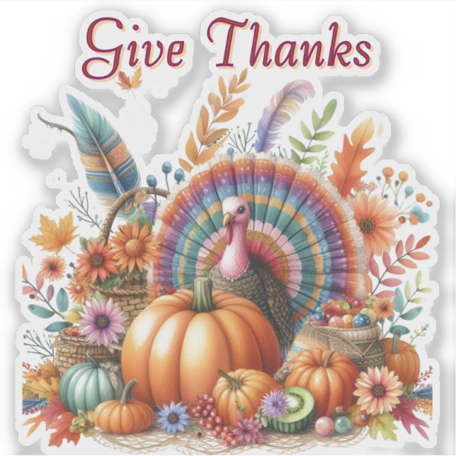 Give Thanks Boho Tom Turkey  Sticker (Front)