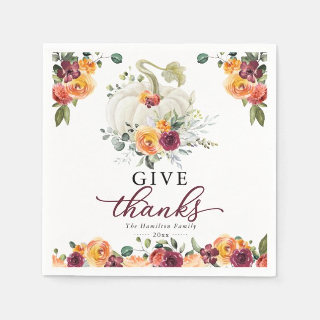 Give Thanks Burgundy Floral Pumpkin Thanksgiving Napkins (Front)