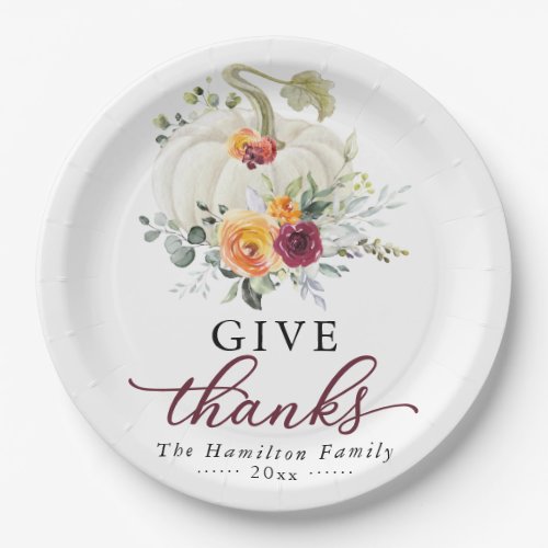Give Thanks Burgundy Floral Pumpkin Thanksgiving Paper Plates