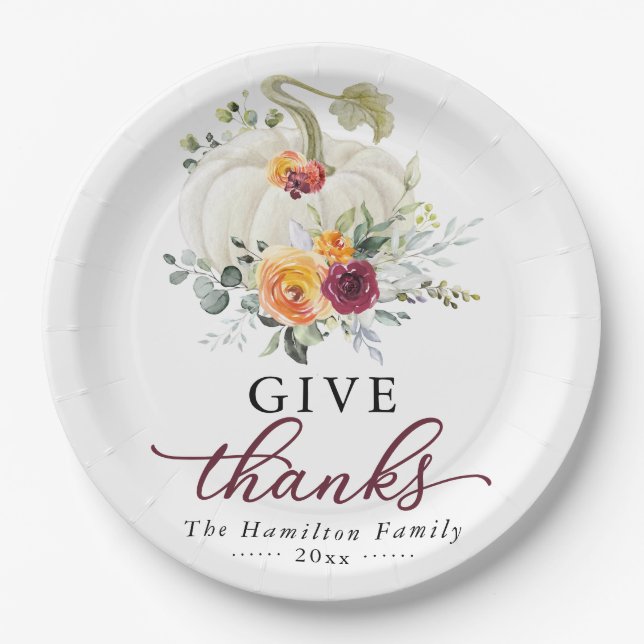 Give Thanks Burgundy Floral Pumpkin Thanksgiving Paper Plates (Front)