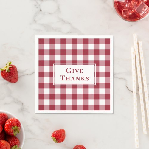 Give Thanks Burgundy Gingham Check Thanksgiving Napkins