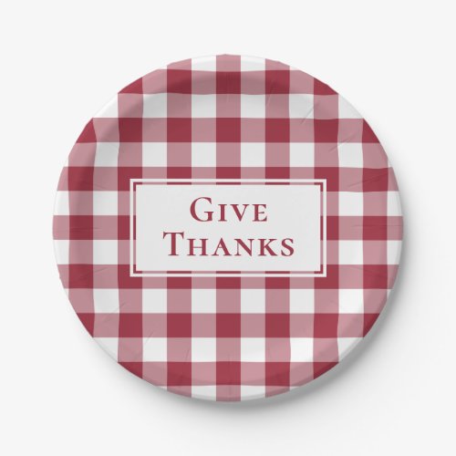 Give Thanks Burgundy Gingham Plaid Thanksgiving Paper Plates