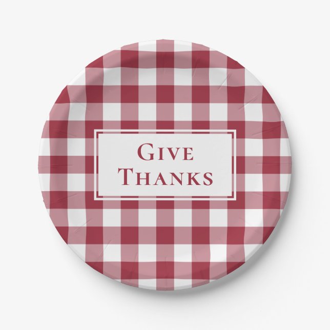 Give Thanks Burgundy Gingham Plaid Thanksgiving Paper Plates (Front)