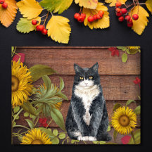 Give Thanks Cat and Sunflowers Autumn Thanksgiving