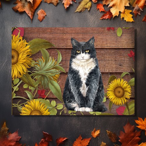 Give Thanks Cat and Sunflowers on Wood Autumn Holiday Card