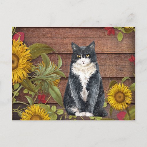 Give Thanks Cat and Sunflowers on Wood Autumn Holiday Postcard