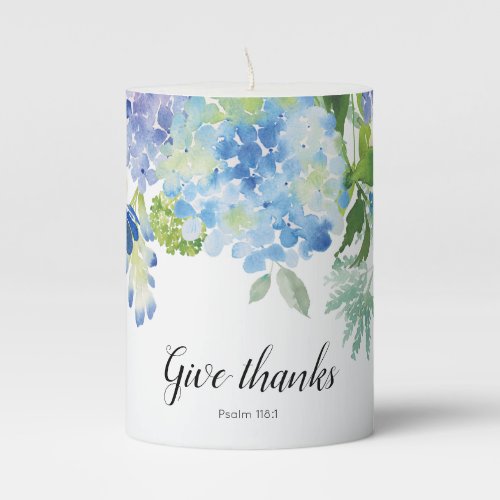 Give Thanks Christian Bible Verse Blue Floral Pillar Candle