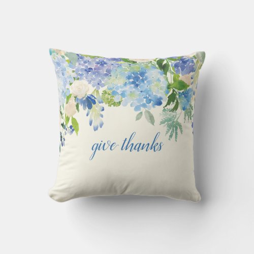 Give Thanks Christian Bible Verse Blue Floral Throw Pillow