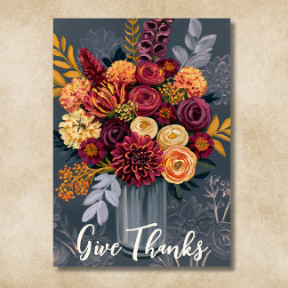 Give Thanks Colorful Floral Bouquet Thanksgiving Holiday Card