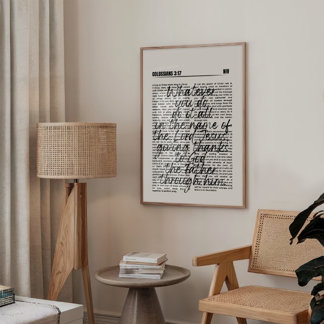 Give Thanks Colossians 3:17 Print (Minimalist Christian wall art featuring Psalm Colossians 3:17 in elegant black bold typography.)