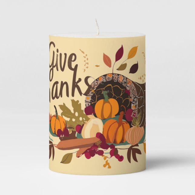 Give Thanks Cornucopia Pillar Candle (Front)