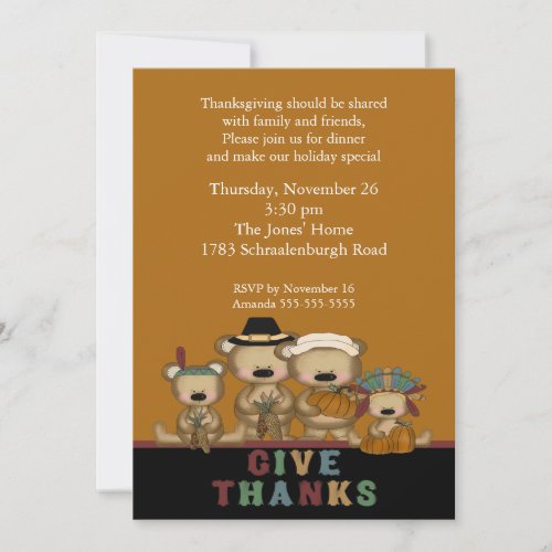 Give Thanks Cute Bears Thanksgiving Invitation