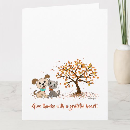 Give Thanks Cute Thanksgiving Autumn Puppy Kitty Card