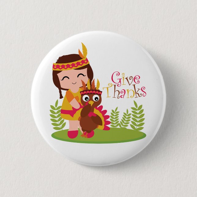 Give Thanks Cute Tribal Girl Thanksgiving Turkey Button (Front)