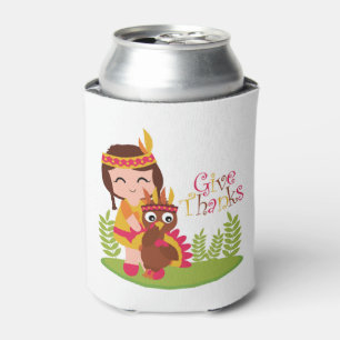 Give Thanks Cute Tribal Girl Thanksgiving Turkey Can Cooler