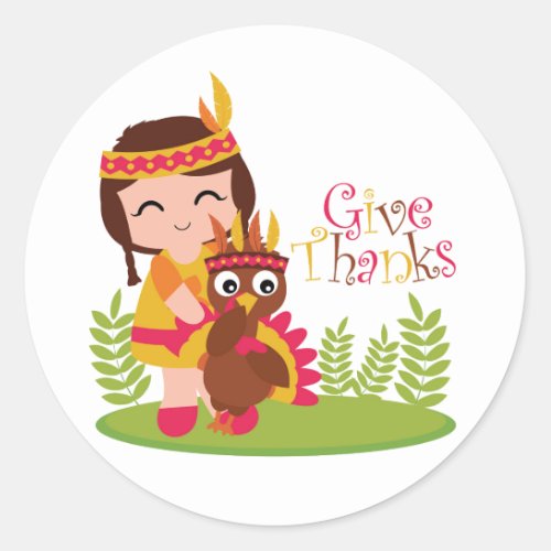 Give Thanks Cute Tribal Girl Thanksgiving Turkey Classic Round Sticker