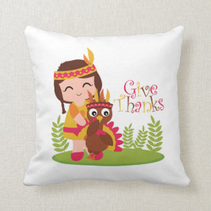 Give Thanks Cute Tribal Girl Thanksgiving Turkey Throw Pillow