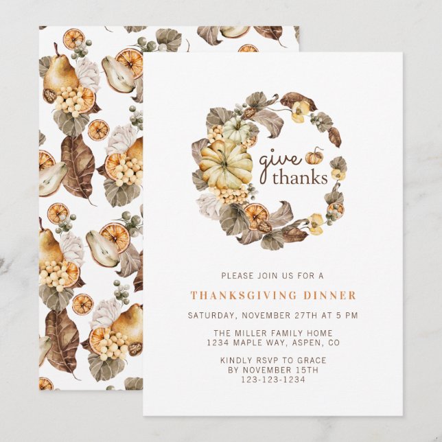 Give Thanks Elegant Watercolor Thanksgiving Dinner Invitation (Front/Back)