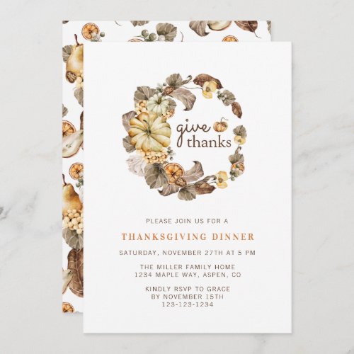 Give Thanks Elegant Watercolor Thanksgiving Dinner Invitation